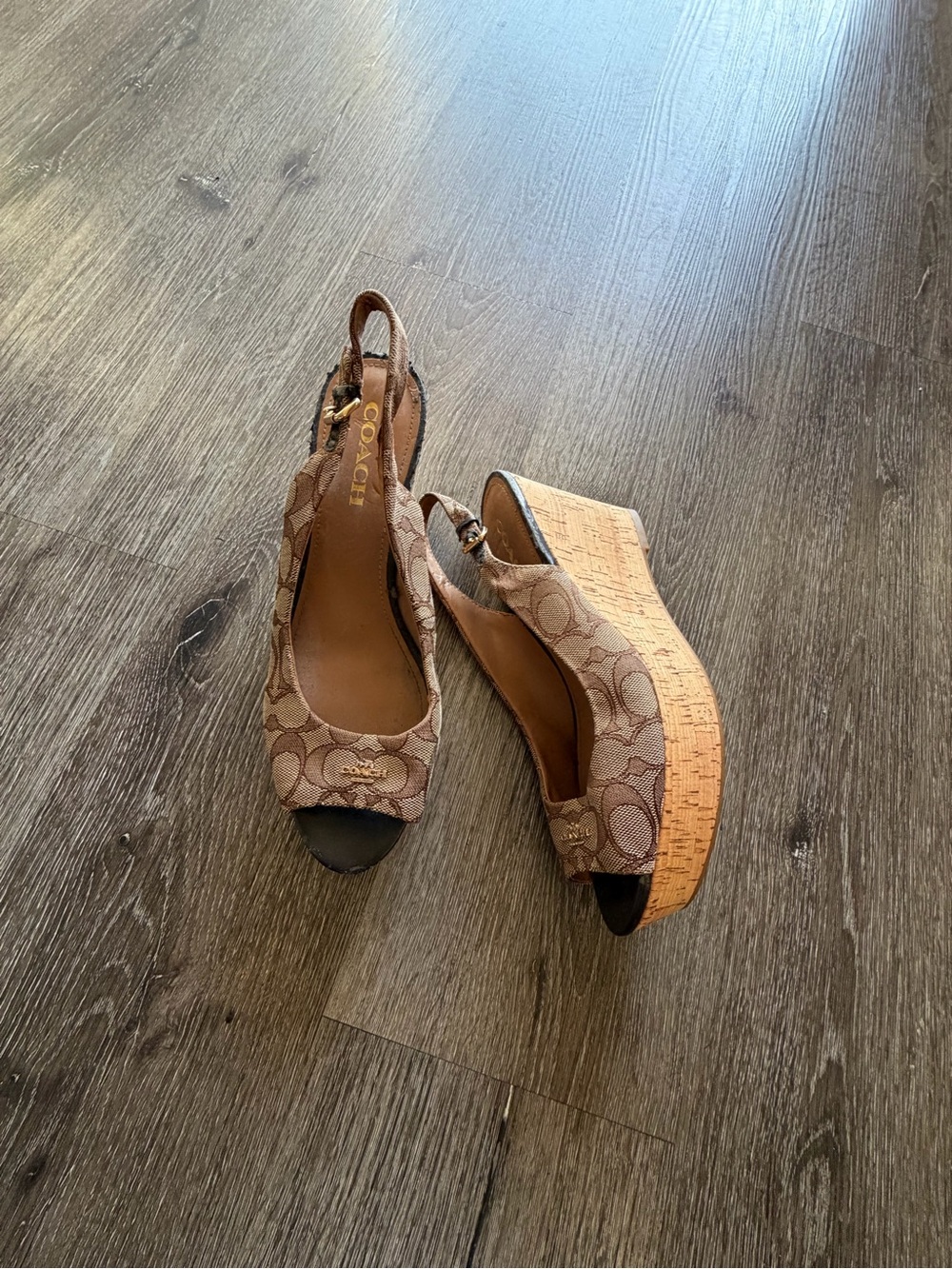 Coach Tan Brown Signature Canvas Cork Wedge Slingbacks